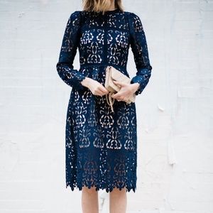 Zara Navy Nude Applique Lace Midi Dress L